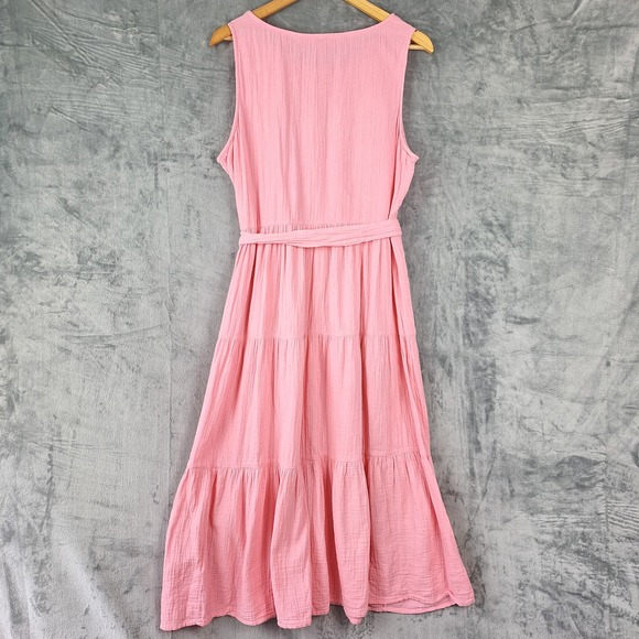 J Crew Dress 14 Pink Midi Pockets Belted Gauze Tiered Cottage Boho Beach Prairie - Picture 8 of 9
